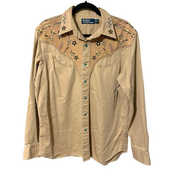 VTG Polo Ralph Lauren Western Suede Embroidered Turquoise Pearl Snap Shirt Large - Picture 1 of 6